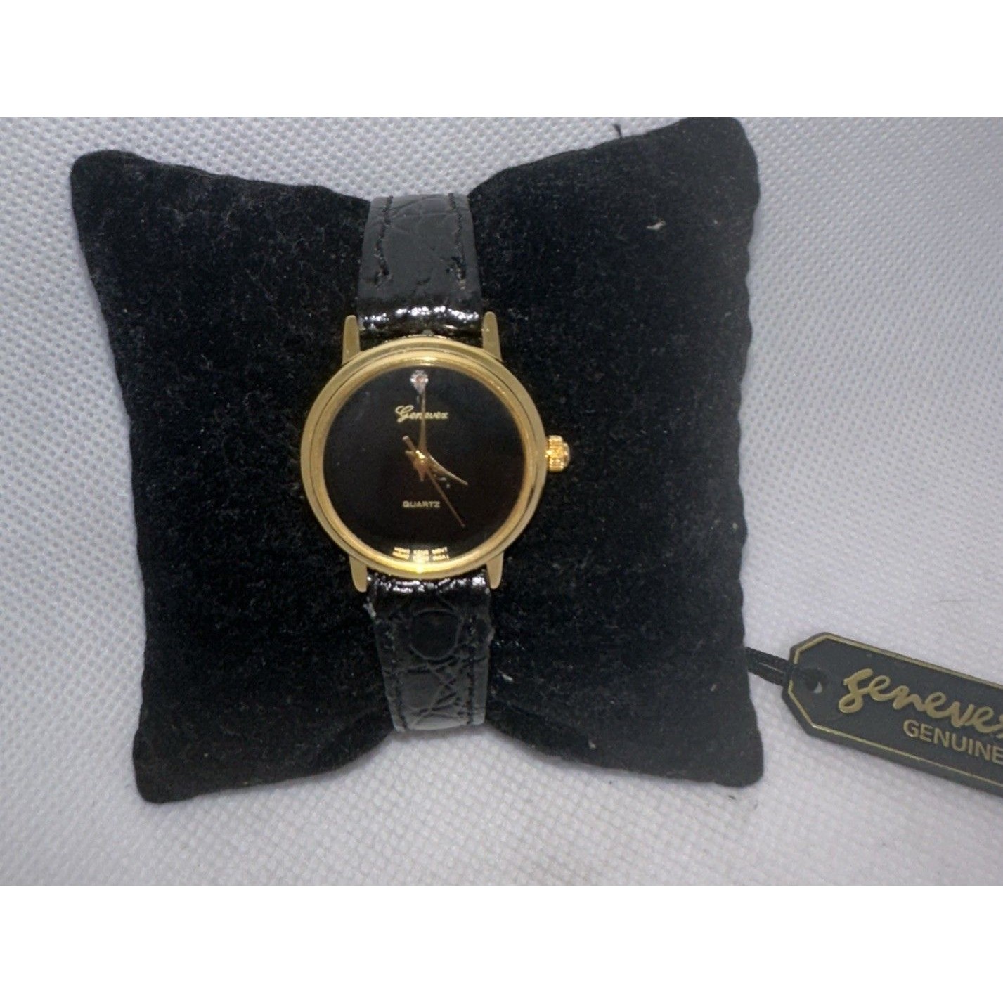 Genevex Ladies 26mm Watch Gold Black Diamond Dial Black Leather Band